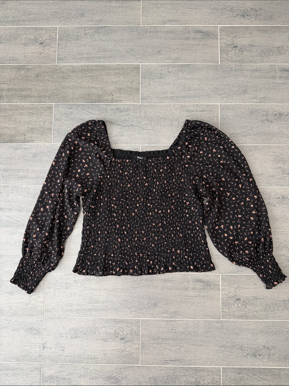 Madewell Smocked Square-Neck Long Sleeve Top in Black with Rose Print
